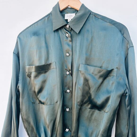 Cami NYC Belkis Charmeuse Silk Bodysuit Blouse Top Pine Satin XS Green - Picture 4 of 10